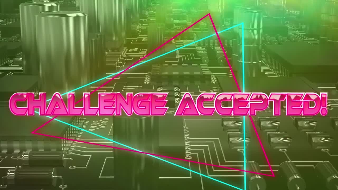 메인보드의 마이크로프로세서 연결의 클로즈업에 대한 네온 삼각형에 대한 도전 받아들여진 텍스트