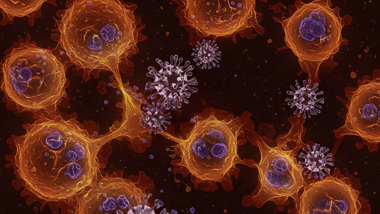 Microscopic View of Interacting Cells and Viruses: A Detailed Exploration of Cellular Structure and Viral Dynamics in a Colored Biological Environment