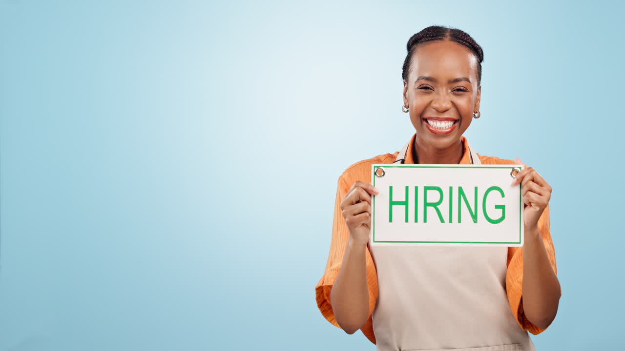 Woman, pointing and sign for hiring