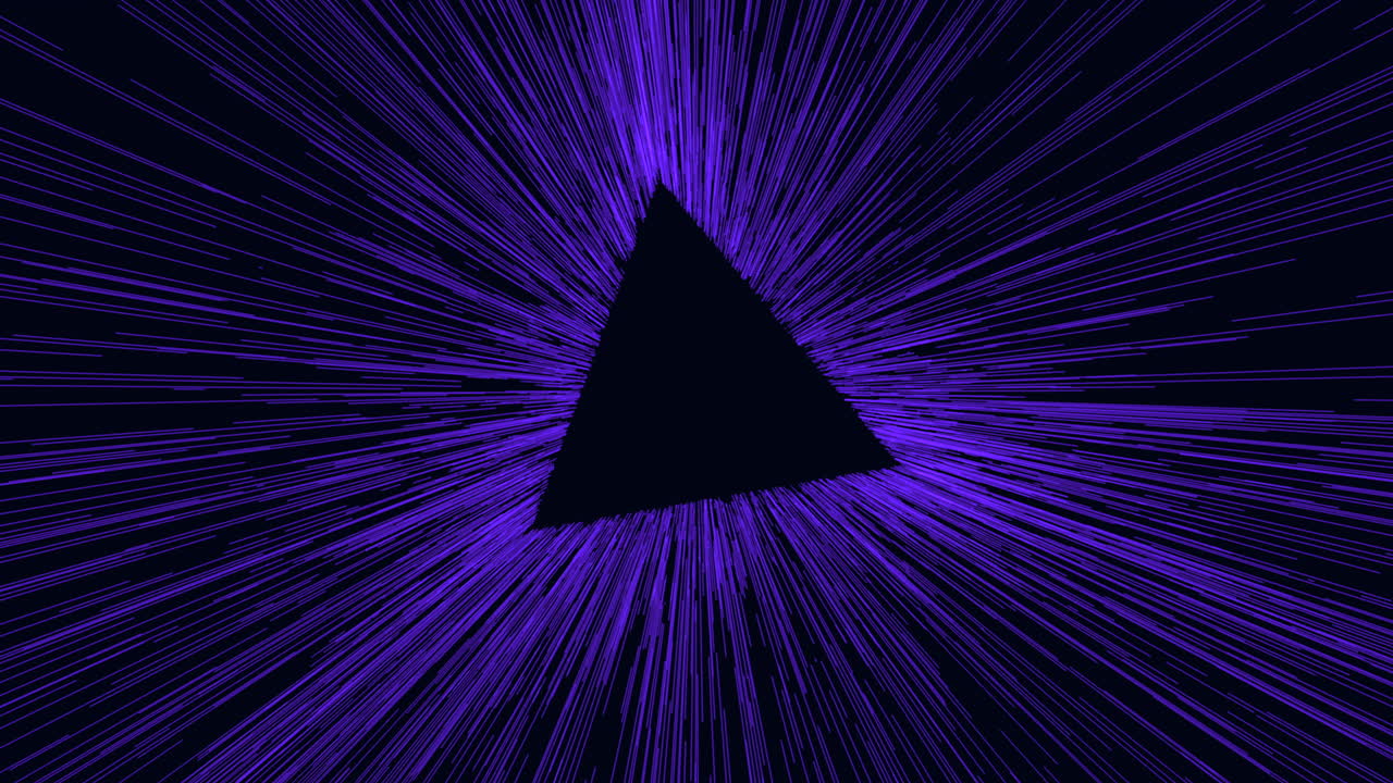 A striking image of a black and purple triangular shape emitting a bright, moving light. The dynamic diagonal motion adds an intriguing visual element to the composition