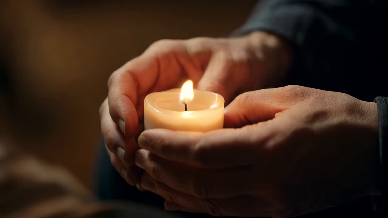 Mani da adulto che proteggono una candela a colonna in casa, riparando la fiamma dalle correnti d'aria con una manica scura