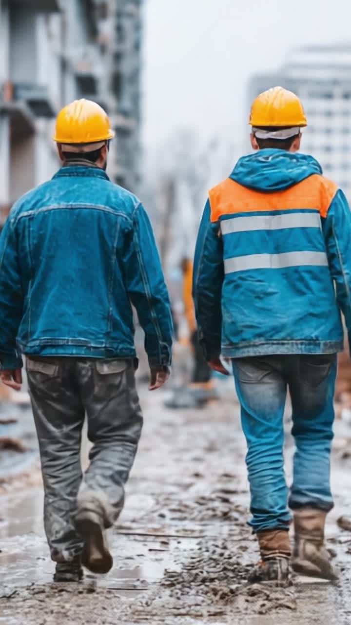 Two Construction Workers Walking Side by Side on a Muddy Job Site, Engaged in Project Activities While Wearing Safety Gear and Building Helmets
