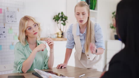 female employees present financial report to boss