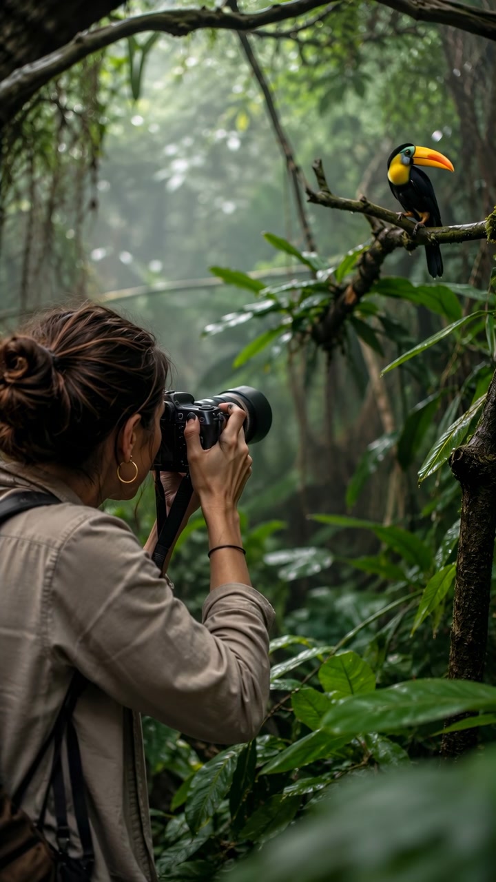 Photographe animalière dans une forêt tropicale humide abaisse son appareil photo à hauteur de poitrine après avoir photographié un toucan perché, faisant une pause à côté d'une branche moussue pour vérifier les réglages tandis que l'oiseau reste vigilant au milieu de la brume