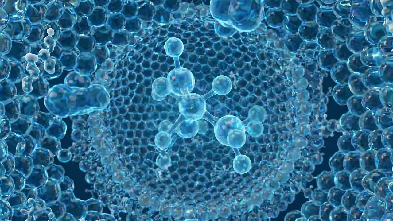 Estrutura Molecular Abstrata com Átomos Flutuantes e Membrana Celular em Visualização Científica de Biologia Microscópica