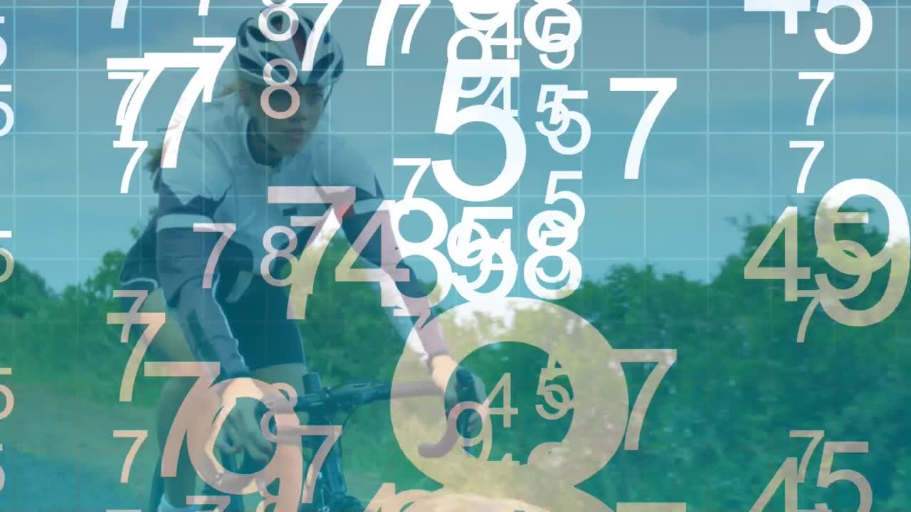 múltiples números cambiando sobre las líneas de la cuadrícula contra la mujer en bicicleta en la carretera