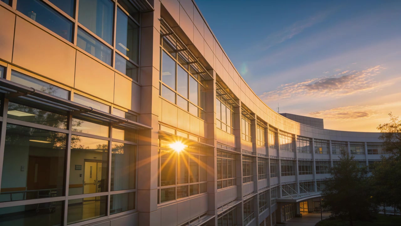 Mostrando um edifício com fachada de vidro curva refletindo enquanto o sol se põe no campus, com um brilho solar.