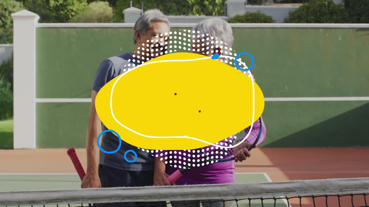 Senior couple practicing tennis on outdoor court, showcasing fitness dotted yellow graphic overlay