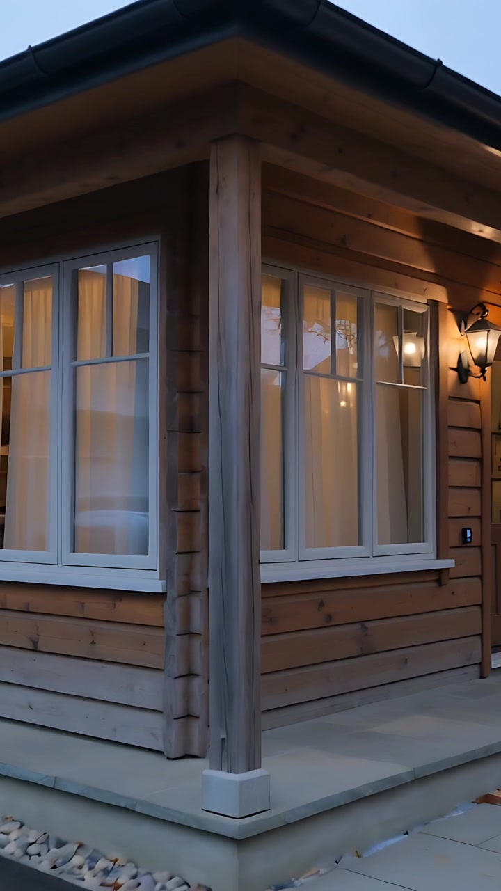 Video verticale: Telecamera che si allontana e panoramica a destra, rivelando un palo di legno, finestre e una lanterna al crepuscolo.