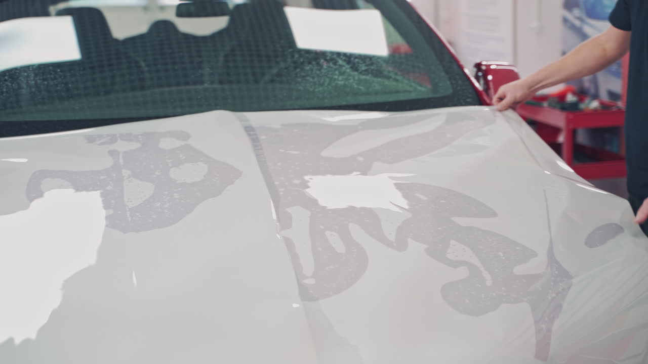 Process of sticking films for the car. Master applying film surface to the middle of the vehicle