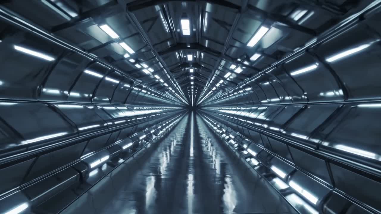Futuristic tunnel with sleek metallic walls and illuminated pathways, showcasing a continuous motion sequence through a dynamic, immersive environment