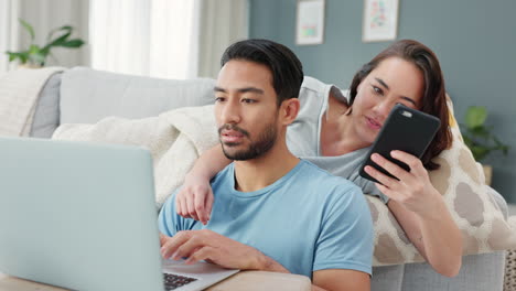 Asian-couple,-phone-and-laptop-for-finance