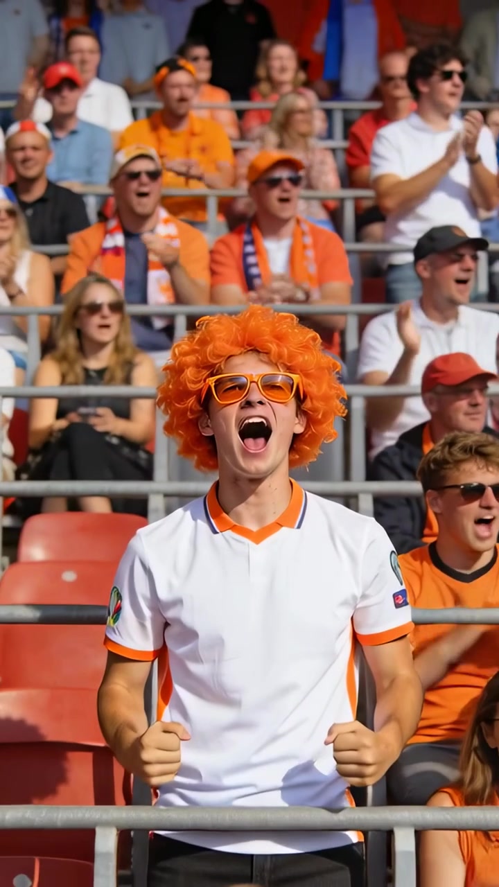 Video vertical: Aficionado gritando con peluca naranja y gafas de sol agitando los puños en el estadio después de que su equipo anote