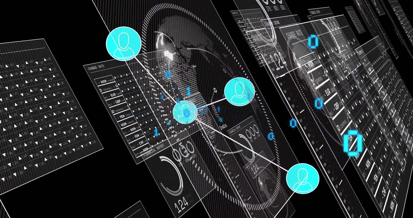 3D floating digits initiating links, cyan nodes linking rotating globe showing currency data flows