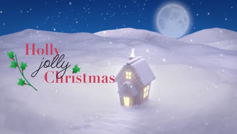 Animation-Von-Weihnachtsgrüßen-über-Haus-Und-Vollmond-In-Der-Winterlandschaft