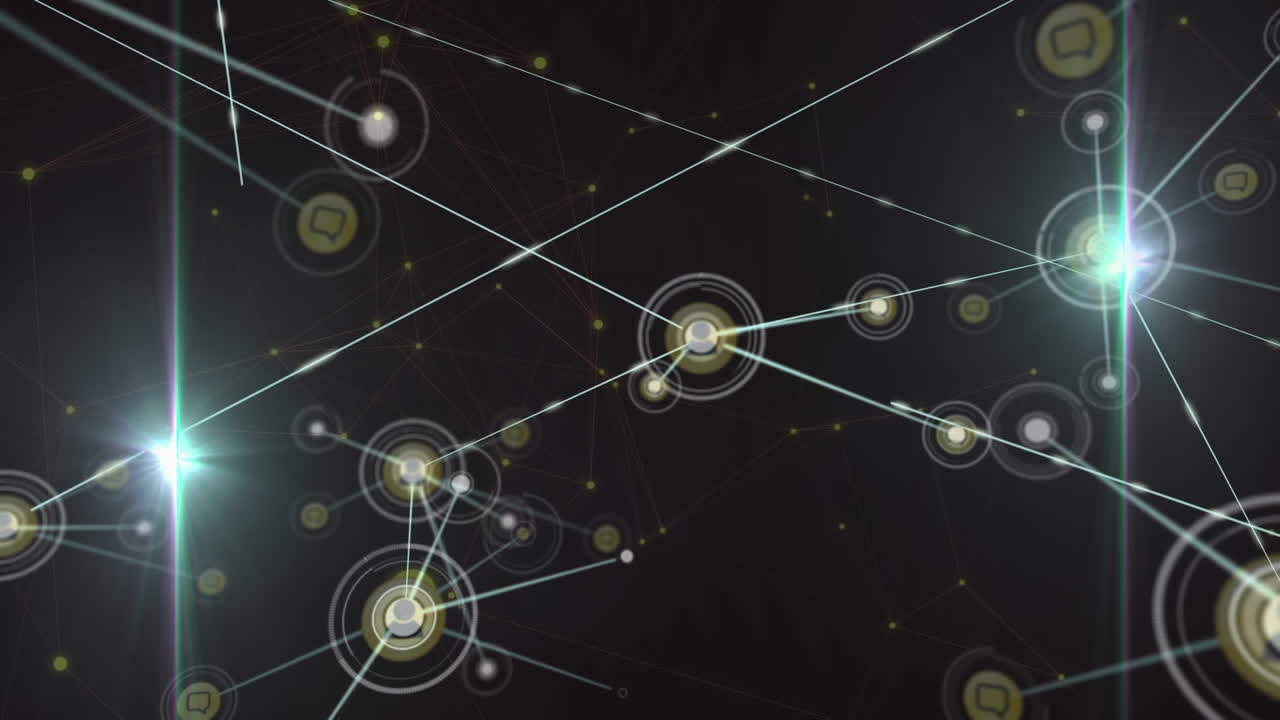 animación de la red de conexiones e íconos digitales contra puntos de luz sobre un fondo negro.