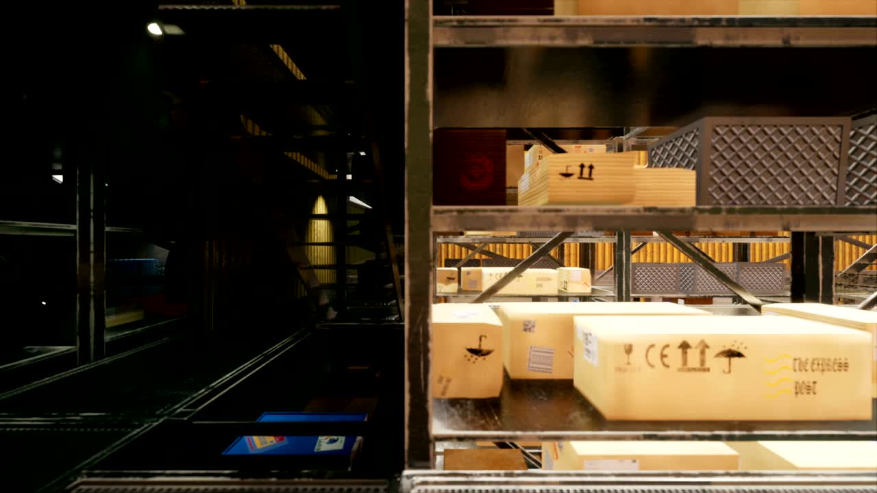 la cámara vuela a través de un enorme almacén industrial con cajas, una gran terminal logística, una animación 3d realista en bucle.