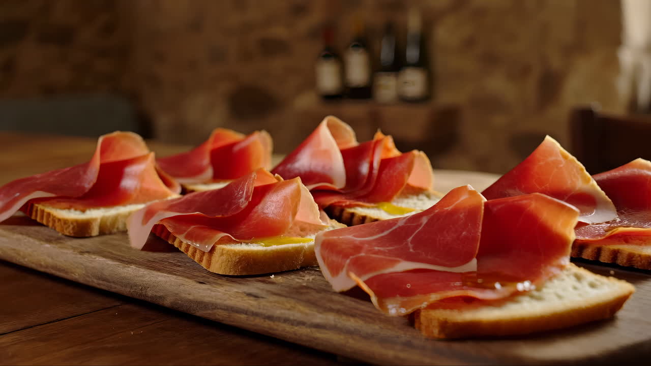 Antipasti di prosciutto e pane serviti su un tagliere di legno in un ambiente rustico