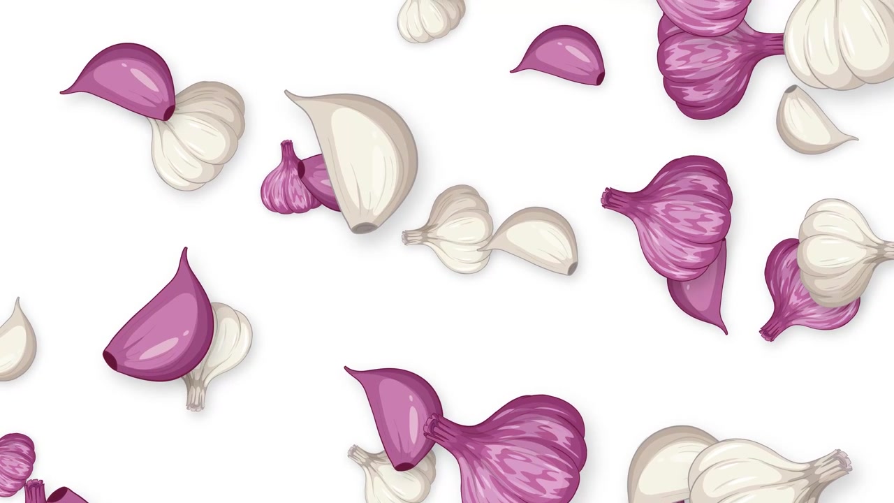 Bulbi e spicchi d'aglio animati bianchi e viola cadono verticalmente su uno sfondo bianco semplice.