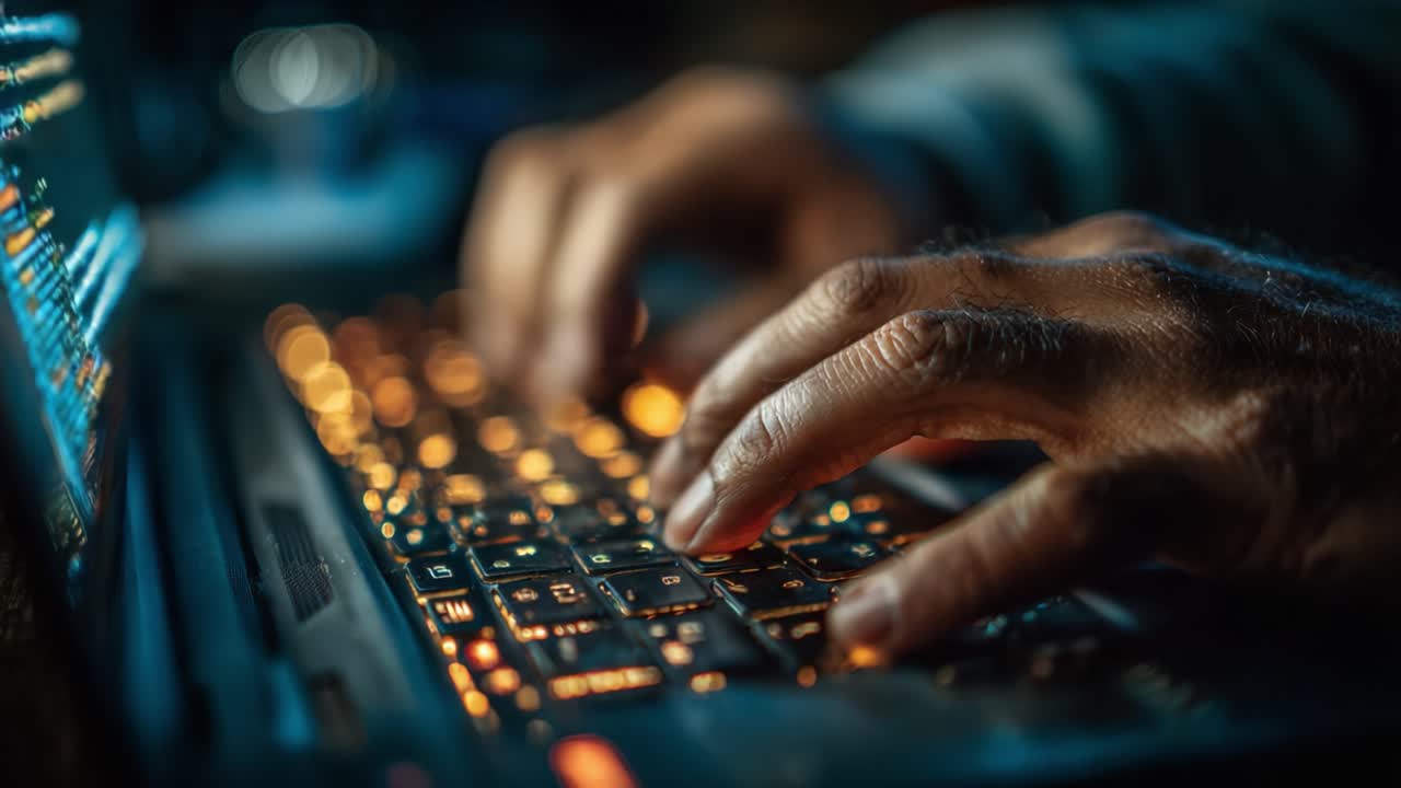 Focused Programmer Typing on a Backlit Keyboard in a Dimly Lit Environment, Capturing the Essence of Coding and Technology at Work
