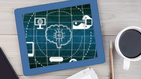 animación de chat artificial y procesamiento de datos en la pantalla de la tableta en el escritorio