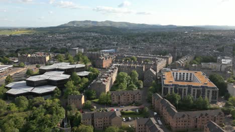 aerial rise of south side of edinburgh city centre with office buildings and dormitory, edinburgh, scotland, uk