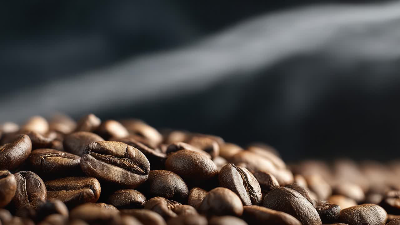 Aromatiske kaffebønner frigivet fra frisk ristning: Fanger essensen og smagen i et smukt nærbillede med en smuk dampsky.