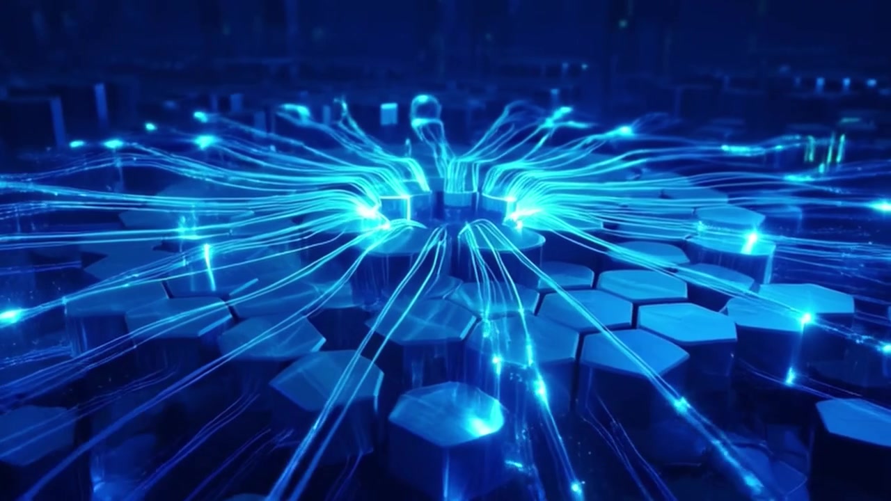 Abstract Digital Network Connecting Through Glowing Hexagonal Grid