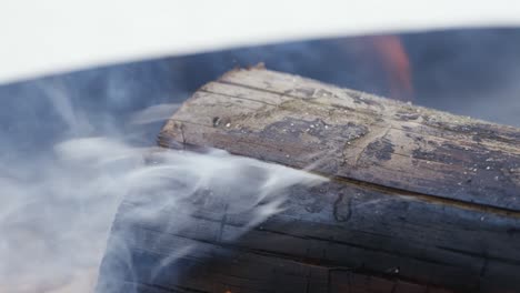 close-up of a log of wood burning while smoke is coming out of a crevice