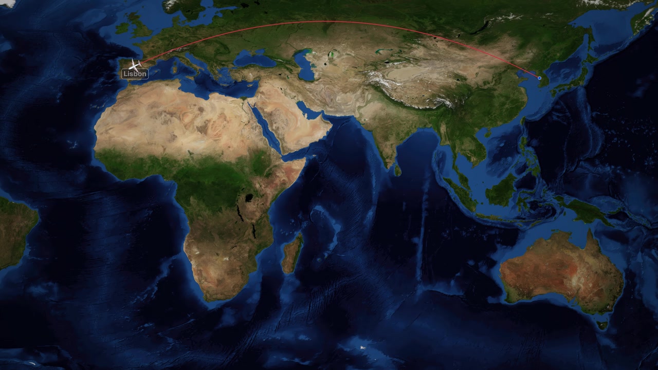 Una linea rossa traccia la rotta di un aereo su una mappa satellitare del mondo dall'Asia