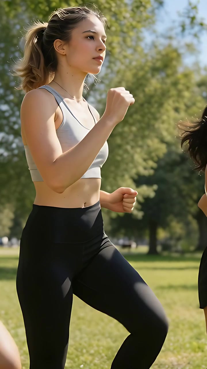 Vertikal video: Kvinde i sports-bh jogger og laver høje knæløft i parken, oplyst af sollys, træning.
