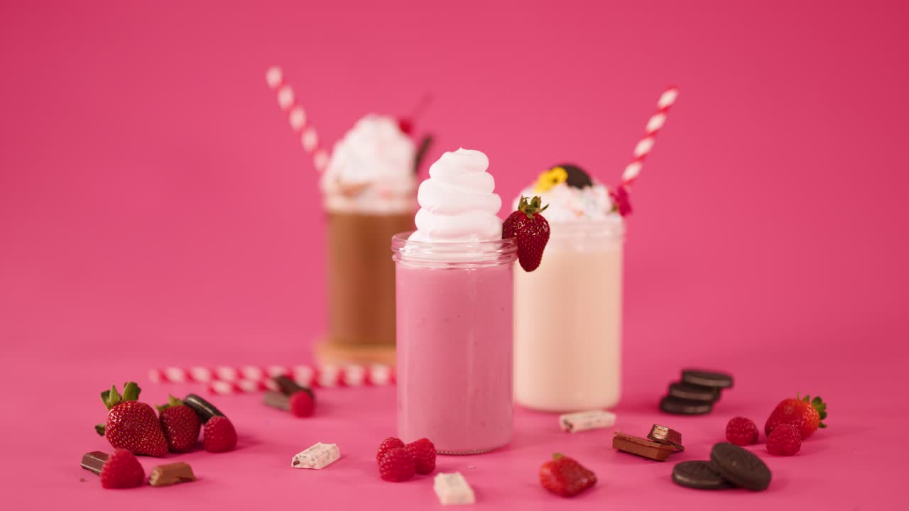 Milkshake alla fragola con panna montata, zuccherini e ciliegia, circondato da dolci assortiti, illuminazione brillante