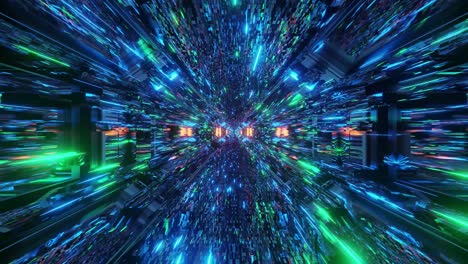 fast motion graphics sci fi purple, green, teal and orange space tunnel with glowing neon particles