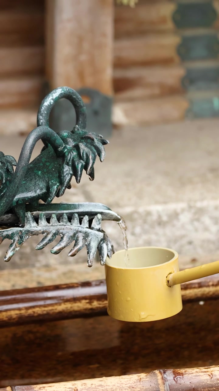 Close-up of water flowing from a bronze dragon statue into a bamboo ladle in Tokyo.
