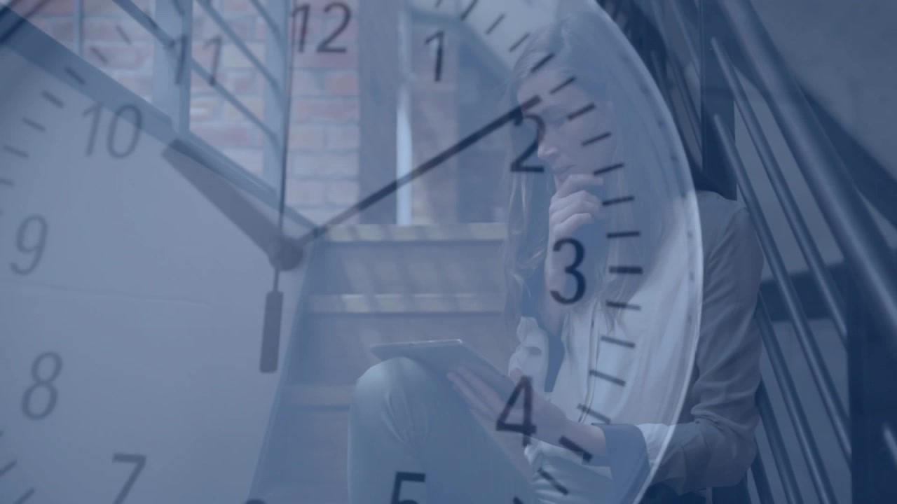 Woman using tablet on wooden stairs, showing analog clock overlay guiding technology workflow