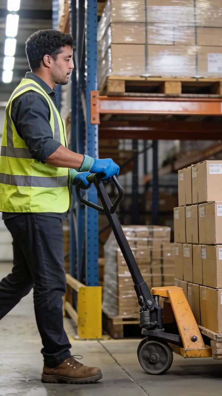 Video verticale: Operaio con abbigliamento ad alta visibilità che si avvicina da sinistra, guida un transpallet e sposta un pallet in un corridoio.