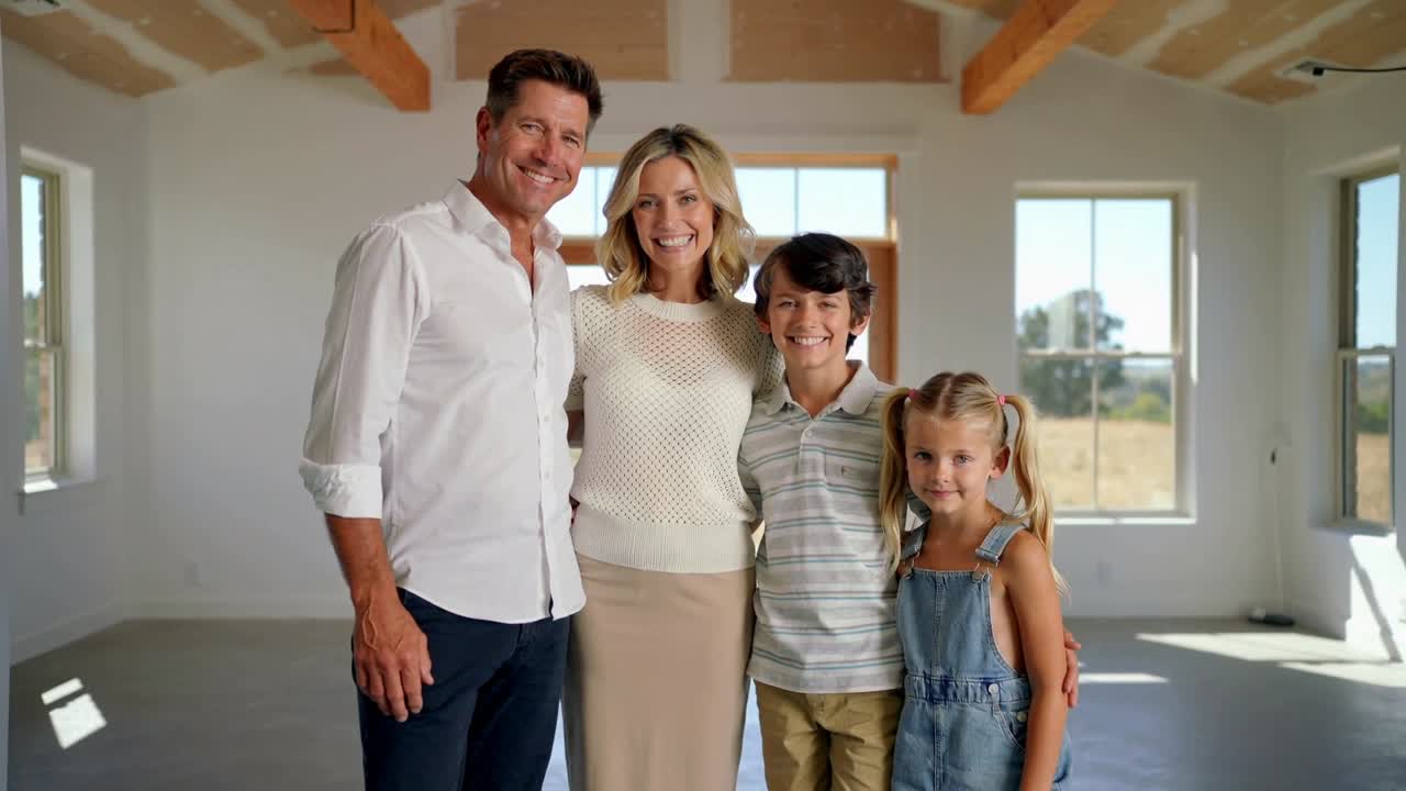 Familie poseert in onafgewerkt huis terwijl de camera inzoomt, overlay toont balken voor vastgoed.