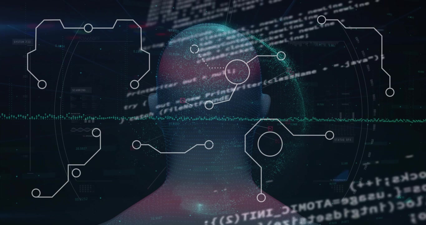 Digital head mesh glowing in virtual interface, streaming code lines and circuit diagrams