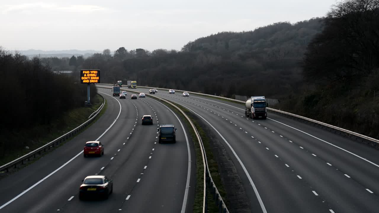 Fast traffic on the highway near Cardiff, Wales with lots of cars and trucks passing by