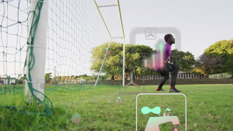 person exercising near soccer goal with fitness tracking animation overlay