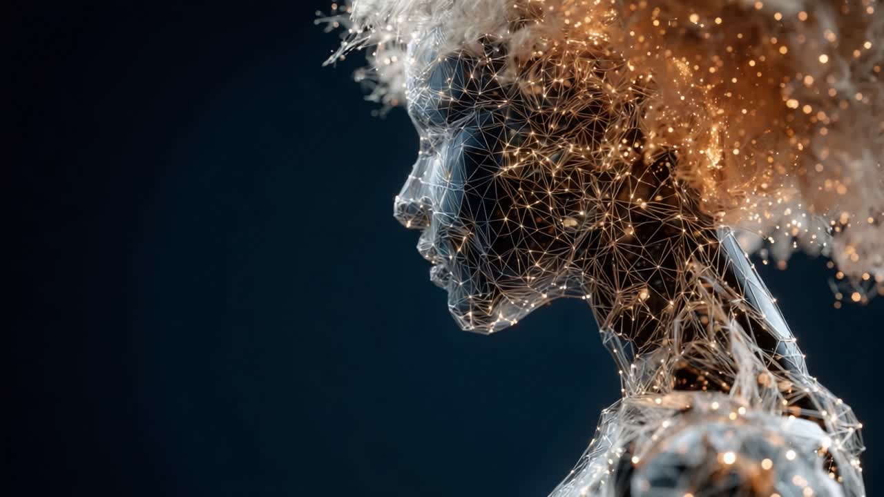 En fascinerende skildring af en digital humanoid figur med indviklede geometriske konturer og æterisk belysning, der symboliserer skæringspunktet mellem teknologi og kunst.