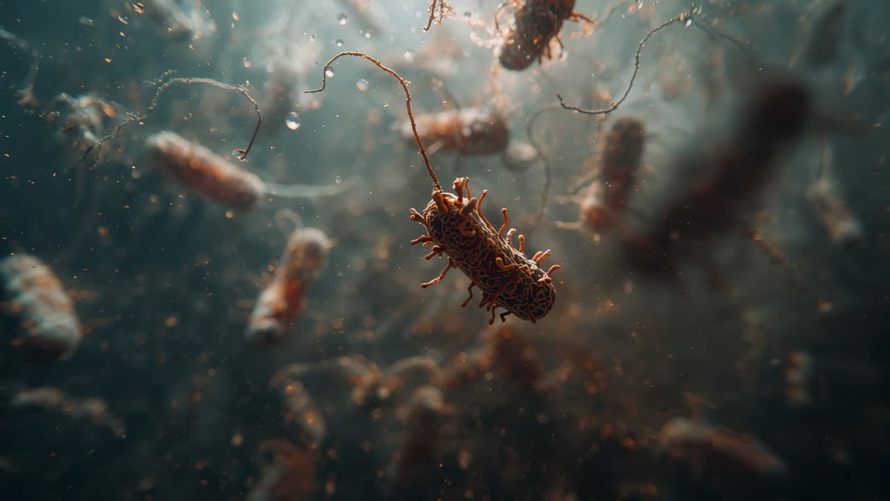 Microbio con forma de bastón moviéndose y girando acercándose tras un cambio de enfoque bajo el microscopio con filamentos y partículas