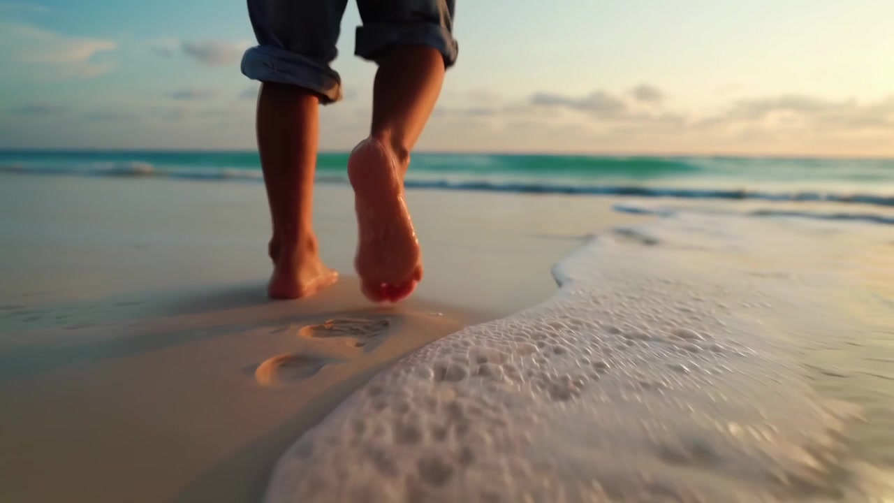 Persona che cammina a piedi nudi su una spiaggia sabbiosa al tramonto