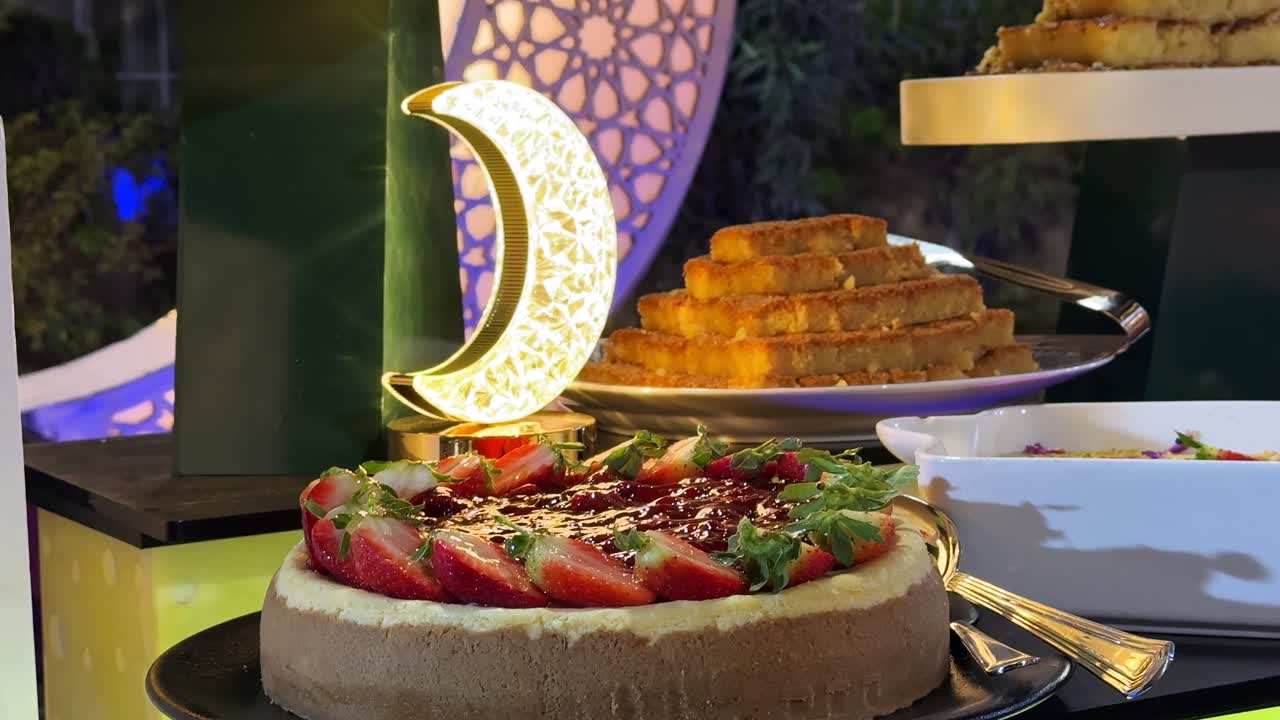 Nærbillede af et Ramadan-dessertbord med jordbærcheesecake, traditionelle søde sager og en lysende halvmånelampe i en udendørs natlig festkulisse