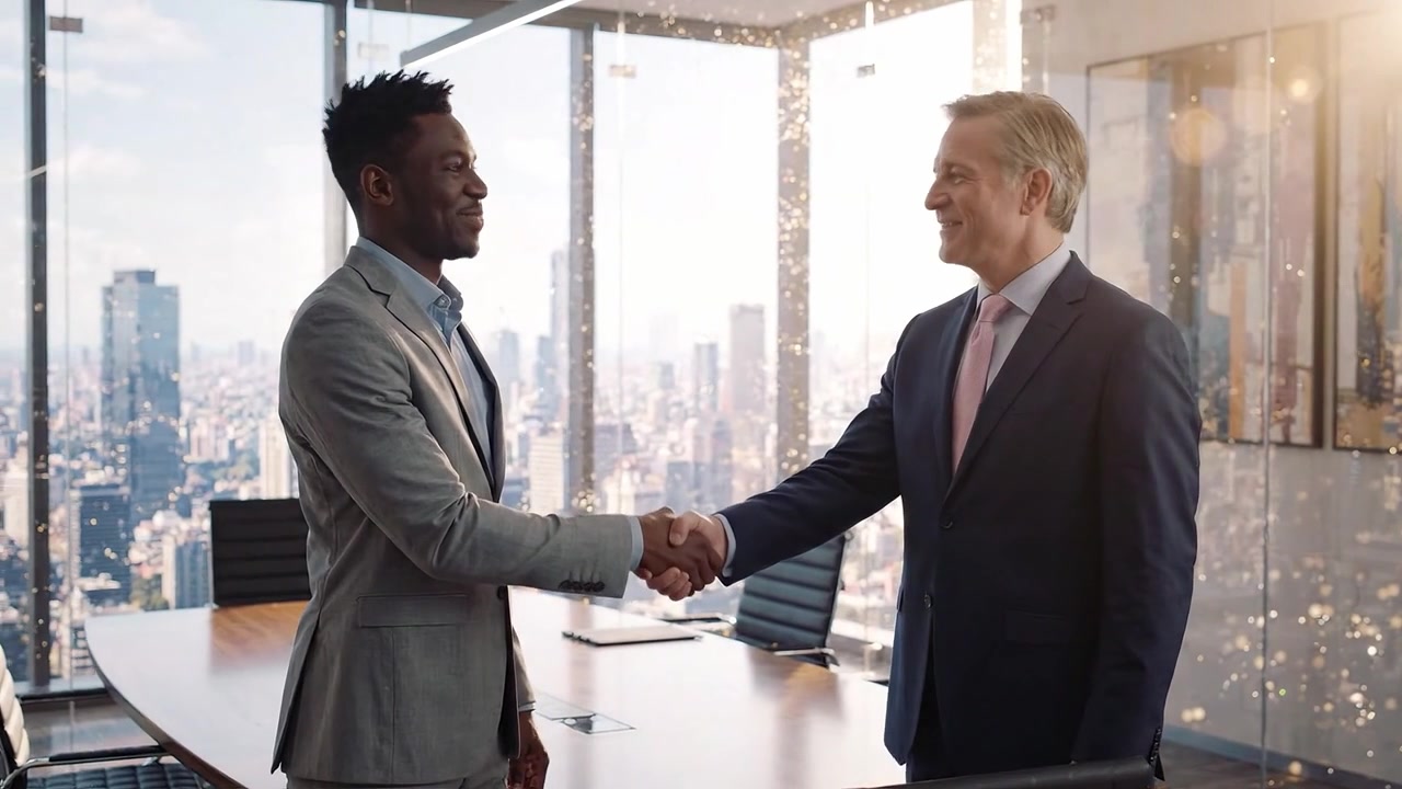 Two Business Professionals Engaging in a Positive Conversation in a Modern Office Overlooking a City Skyline with a Bright and Inspirational Atmosphere