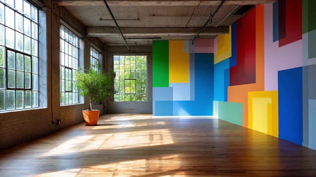 Arte mural abstracto de colores brillantes en un loft moderno con grandes ventanales y un ambiente acogedor, perfecto para espacios creativos y diseños innovadores