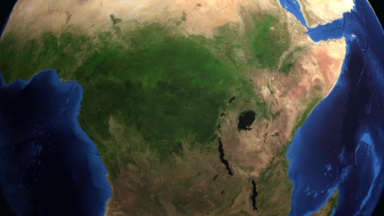 Globo digitale che ruota e zooma dallo spazio fino a un indicatore di posizione specifico nell'Africa centrale.