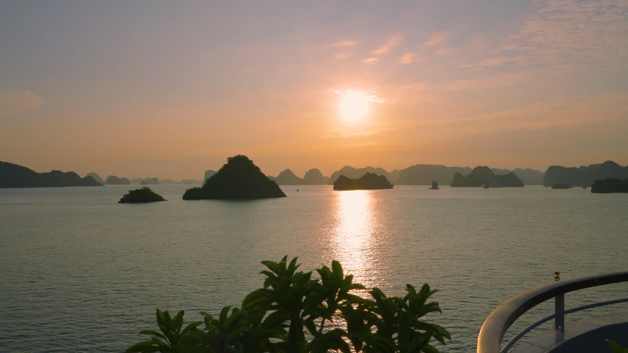 Tourist's POV From a Cruise Ship Deck at Halong Bay Panorama During Scenic Sunrise, Vietnam