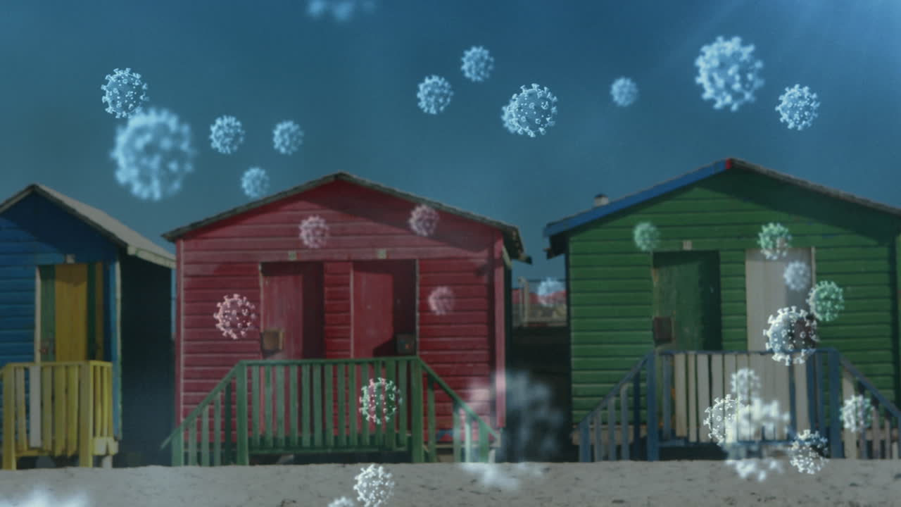 코로나19 세포가 해변에 서있는 서프보드와 함께 남자를 상대로 움직이는 디지털 복합 비디오