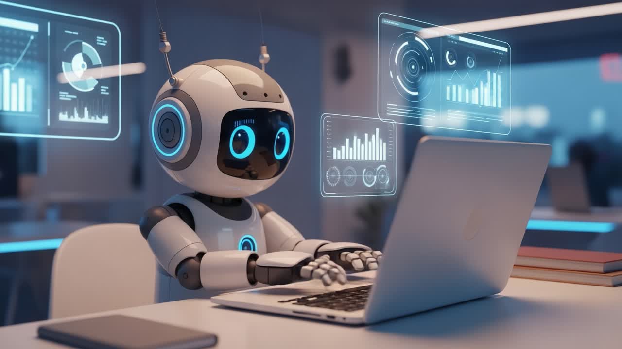 A futuristic robot diligently operates a laptop, interacting with dynamic visual data displays. This intelligent machine embodies the technological advancements of automation, showcasing its data-processing capabilities.